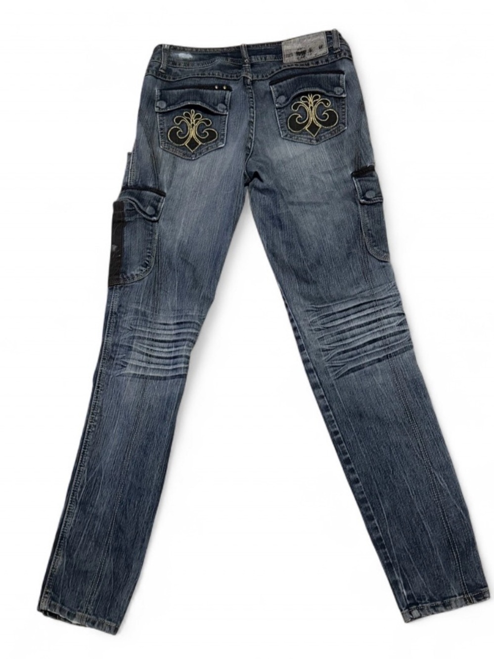 Vintage Y2K Dereon Grungy Cargo Jeans with Embroidered Fleur De Lis Back Pockets